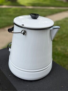 White Enamelware Coffee Pot with Black Trim